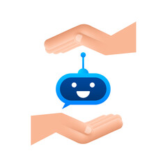 Cute smiling robot in hands.Vector modern flat cartoon character illustration. Voice support service bot.