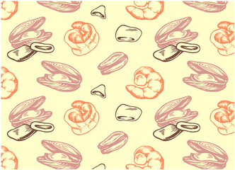 Sketch drawing pattern with colorful seafood, marine life background. Engraved hand drawn shrimp, prawn, clams, squid.