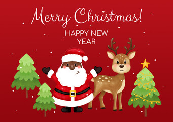 Merry christmas and happy new year greeting card. Black santa, deer, trees, stars, snow. African American Santa. Format A5