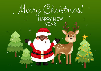Obraz na płótnie Canvas Merry christmas and happy new year greeting card. Black santa, deer, trees, stars, snow. African American Santa. Format A5