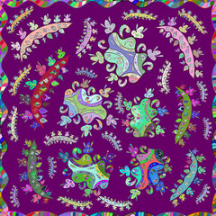 Obraz premium Seamless pattern with interesting doodles on colorfil background. Raster illustration.