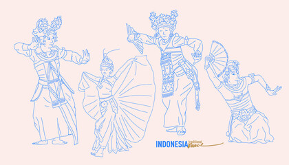 Indonesian traditional dance character line vector illustration