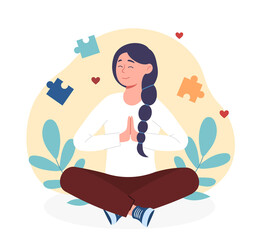 Emotional wellbeing concept. Woman meditates and restores her mental health. Psychological stability and good mood. Peace of mind. Cartoon modern flat vector illustration isolated on white background