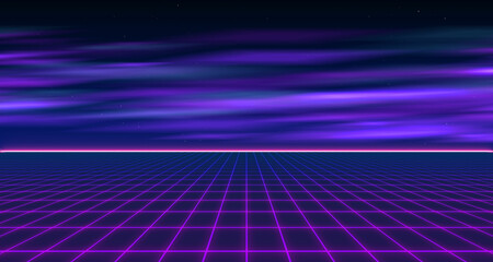 80s Retro Sci-Fi Background Futuristic Grid landscape. Digital cyber surface style of the 1980`s. 3D illustration