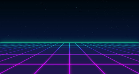 80s Retro Sci-Fi Background Futuristic Grid landscape. Digital cyber surface style of the 1980`s. 3D illustration