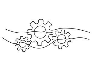 Abstract round metal gears wheels as line drawing on white background. Concept of teamwork. Vector