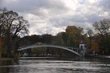 View of the beautiful bridge over the river. Bridge with a tower. October 27, 2013, Berlin, Germany.