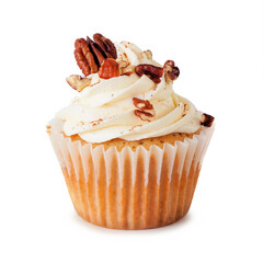Fall cinnamon pecan cupcake with creamy frosting isolated on a white background