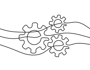 Abstract round metal gears wheels as line drawing on white background. Concept of teamwork. Vector