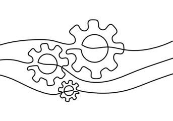 Abstract round metal gears wheels as line drawing on white background. Concept of teamwork. Vector