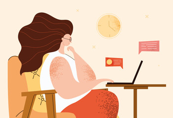 Home office concept. Woman sits on chair and communicates with colleagues on Internet. Character works remotely on laptop. Cartoon modern flat vector illustration isolated on pink background
