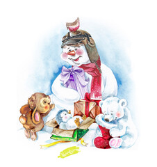 Cute Snowman pilot sitting in  snow in  circle of animals holding gifts.Bunny, penguin, white bear have fun and play around.Watercolour.Postcard,poster,print.