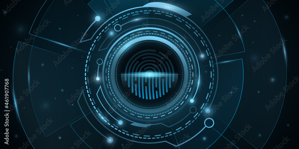 Poster fingerprint scan and digital hud with light effects. biometric verification. network protection back
