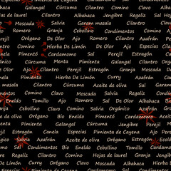 Text food abstract pattern with names of spices in spanish: garlic,onion,paprika,
ginger,basil,saffron,curry.
