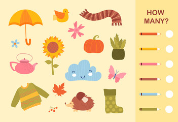 Counting Game for Preschool Children. How many objects of certain color. Mathematical problem for schoolchildren. Template for printing. Cartoon flat vector illustration isolated on beige background