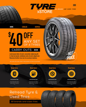 Web page - sales of wheels and tires for cars. Online sale. Car tire sale banner. Car tyre service flyer promo background. Tire sale advertising. Wheels. Black rubber tyre. Discount. Store. Poster.