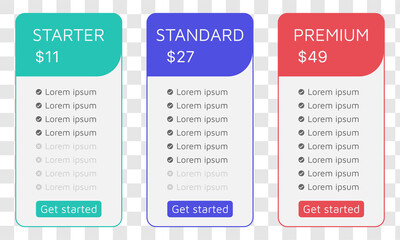 Pricing table design template with three subscription options for website or app. User interface vector.