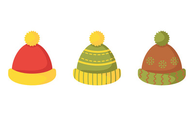 Knitted winter, autumn warm hats with patterns, pom poms. Hats for children, youth, women. Winter clothes. Christmas accessory. Set of caps, white background. Vector illustration