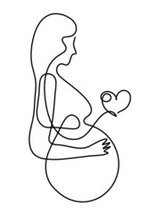 Mother silhouette body with heart as line drawing picture on white. Vector
