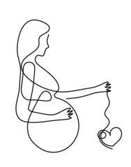 Mother silhouette body with heart as line drawing picture on white. Vector