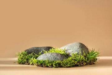 Composition of stone and moss on pastel background. Abstract podium for organic cosmetic products....