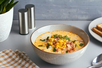 corn chowder creamy soup with corn celery onion bacon cream milk