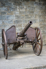 Military cannon in the fortified citadel of Pamplona, ​​Navarra Spain. Piece of artillery from...