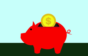 Save money, gold dollar coin in a red piggy bank, the concept of saving for the dark days