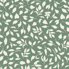 Foliage seamless repeat pattern on sage green background. Random placed, vector leaves all over surface print.