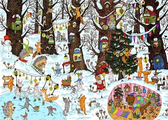 Cute animals celebrate christmas in the forest. Digital painting. Cute illustration for the decor and design of posters, postcards, prints, stickers, invitations, textiles and stationery.