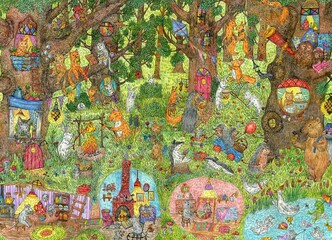 Animals walk in the summer in a fairy forest. Drawing with ink and colored penc Cute illustration for the decor and design of posters, postcards, prints, stickers, invitations, textiles and stationery