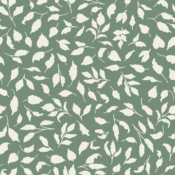 Foliage seamless repeat pattern on sage green background. Random placed, vector leaves all over surface print.