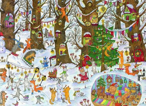 Animals. Christmas in the fairy forest. Drawing with ink and colored pencils. Cute illustration for the decor and design of posters, postcards, prints, stickers, invitations, textiles