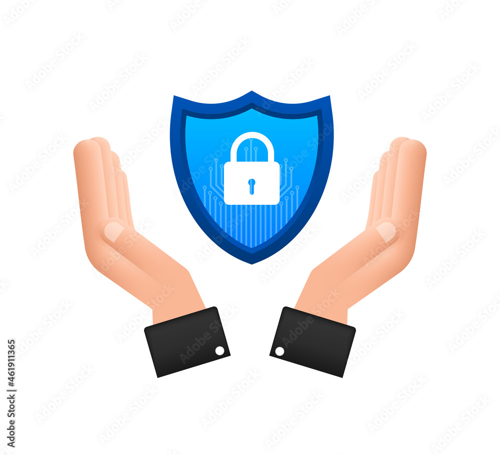 Poster cyber security vector logo with shield and check mark. hands holding cyber secure sign. internet sec