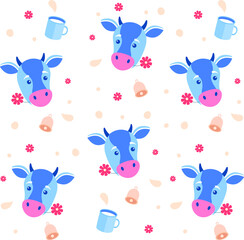 Fototapeta na wymiar funny cow milk flowers seamless pattern