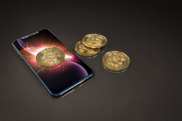 Phone surrounded by bitcoin on a gray background, 3d illustration
