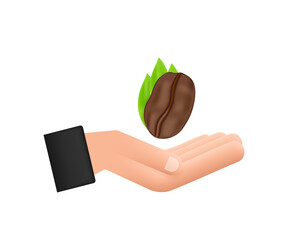 Vector icon coffee bean over hands for cafe label, packing and emblem.