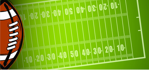 American football on green grass field. Sport team game cup. Rugby ball day. Funny super bowl weekend party. USA, sport finale, school games or on street. Vector template background sign.  © MarkRademaker