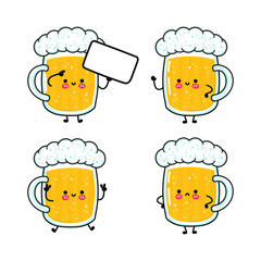 Funny cute happy glass of beer characters bundle set. Vector hand drawn doodle style cartoon character illustration icon design. Cute glass of beer mascot character collection