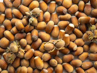 Hazelnuts, background. Flat lay, top view.