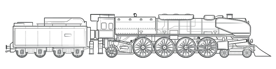 Fototapeta na wymiar Steam locomotive with tender - illustration of vintage vehicle.