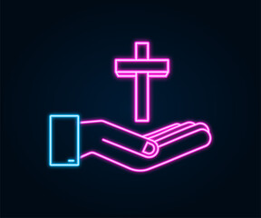 Cross wood neon icon in hands design on white background. Religion icon.