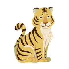 笑顔で座るトラの手書き風のイラスト