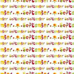 Seamless pattern with vector illustration lettering september on white background. Unique handwritten lettering. Template for diary, calendar, planner, check lists, and other stationery.