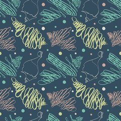 Fototapeta na wymiar Seamless pattern with seashells on dark background. Vector illustration.Illustration for cosmetics, health care products, wrapping paper, postcards, prints for clothes.