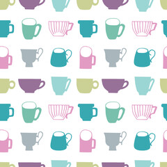 Seamless pattern with vector illustrations of cups and mugs. Isolated on white background. Illustration for restaurant menu, wrapping paper, post cards, advertising, packaging.