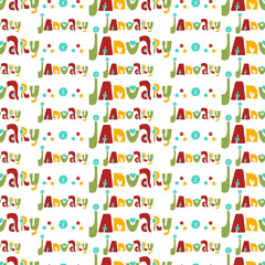Seamless pattern with vector illustration lettering january on white background. Unique handwritten lettering. Template for diary, calendar, planner, check lists, and other stationery.