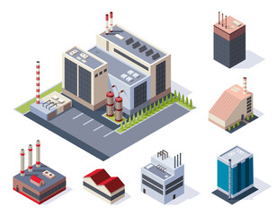 Obraz premium Factory isometric. Concept of industrial working plants with chimney tower. Industrial buldings. 3d isolated icons set. flat style