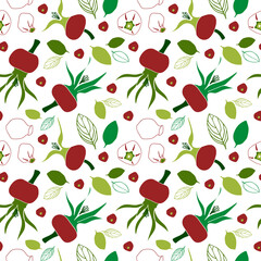 Seamless pattern with vector illustrations of rose hip. Isolated on white background. Illustration for restaurant menu, wrapping paper, post cards, advertising, packaging.