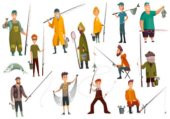 Group fishermans fishing with fish. Set of fishing people with equipment for cutting fish. Vacation concept flat  icon. Leisure and hobby catching fish